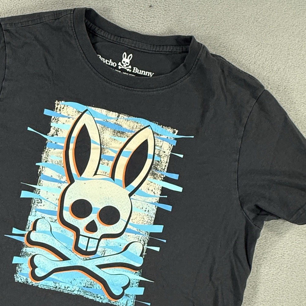 Psycho Bunny Mens 4 Medium Pima Cotton Graphic Blue Cross Bones Logo Tee Black